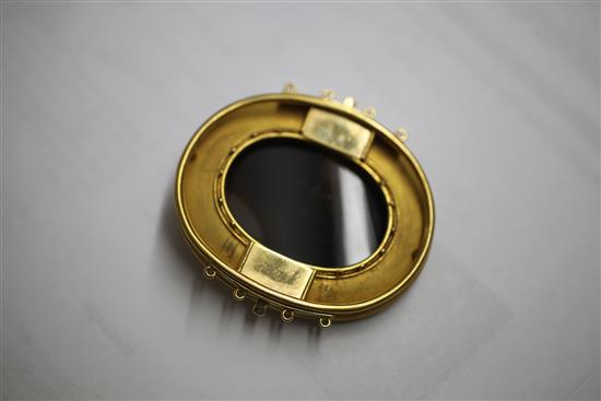 A Victorian gold, white enamel and hardstone cameo oval choker clasp, 2.25in.